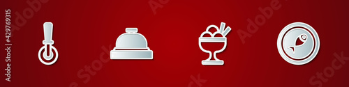 Set Pizza knife, Hotel service bell, Ice cream in bowl and Served fish on plate icon. Vector
