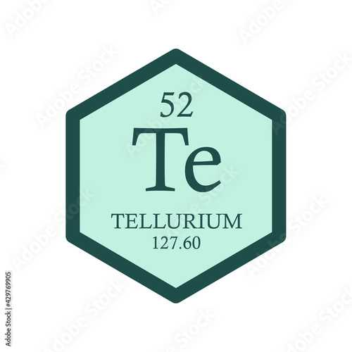 Te Tellurium Metalloid Chemical Element Periodic Table. Hexagon vector illustration, simple clean style Icon with molar mass and atomic number for Lab, science or chemistry education.