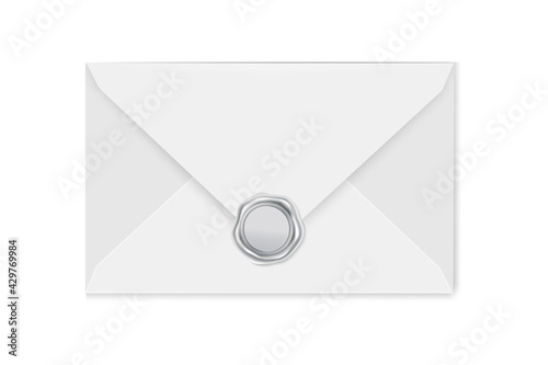 White mail envelope with a gold stamp on a light background.Vector illustration of the wax luxury seal.Design element.
