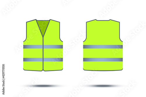 Green safety vest with reflective strips isolated on white background. Vector work uniform, front and back view.