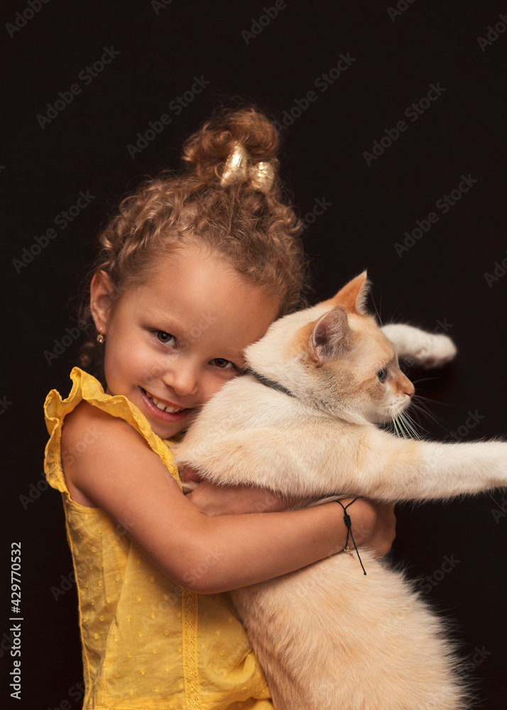A little happy girl holds her cat in her arms. Portrait on a black background A little happy girl holds her cat in her arms. Portrait on a black background