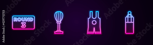 Set line Boxing ring board, Punching bag, Wrestling singlet and . Glowing neon icon. Vector