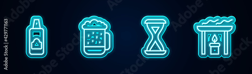 Set line Spray can for hairspray, Wooden beer mug, Sauna hourglass and Aroma candle. Glowing neon icon. Vector