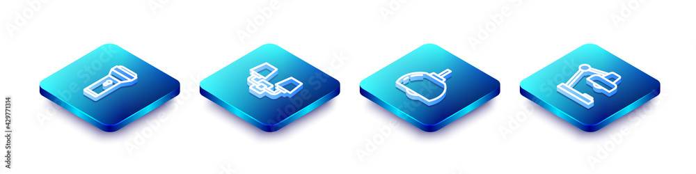 Set Isometric line Flashlight, Wall lamp or sconce, Chandelier and Table icon. Vector Set Isometric line Flashlight, Wall lamp or sconce, Chandelier and Table icon. Vector