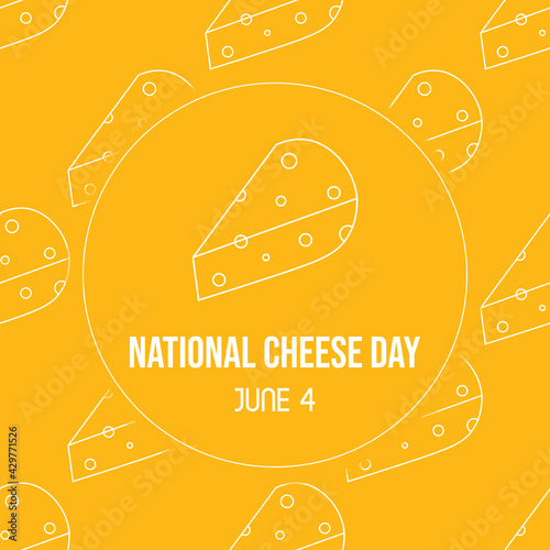 National Cheese Day greeting card, illustration with outlined cheese chunks seamless pattern background. June 4.