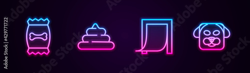 Set line Bag of food for pet, Shit, Door and Dog. Glowing neon icon. Vector