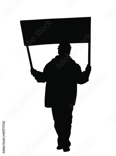 Man protester hold transparent in hand vector silhouette isolated. Hand holding protest sign. People in political agitation propaganda poster. Vote campaign for better laborer rights and salary on job