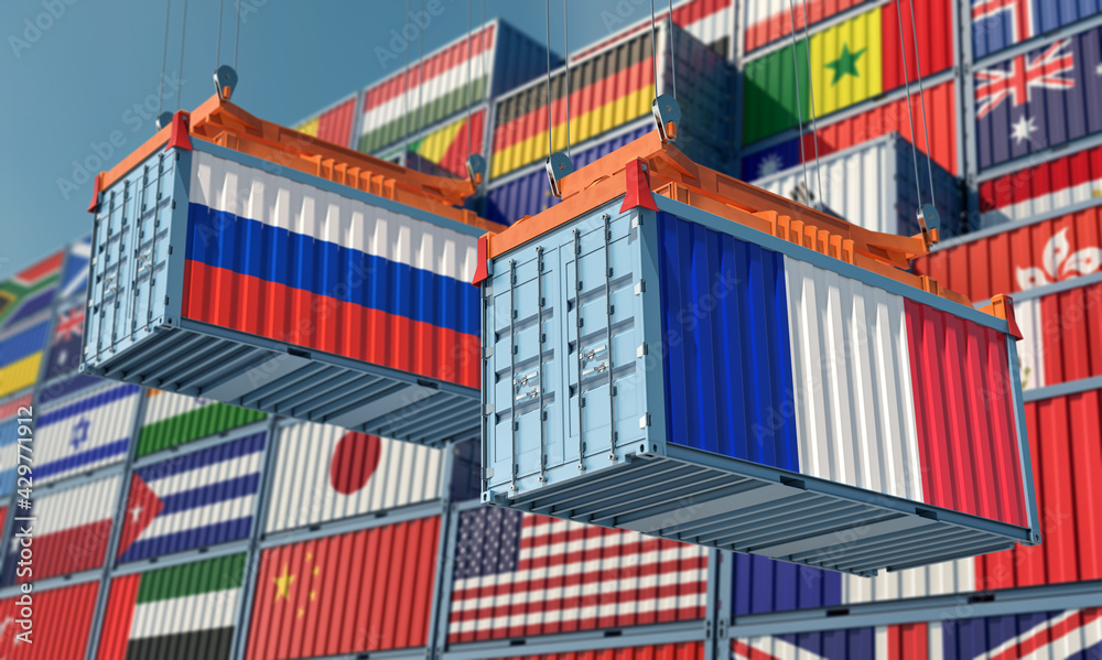 Freight containers with Russia and France national flags. 3D Rendering 
