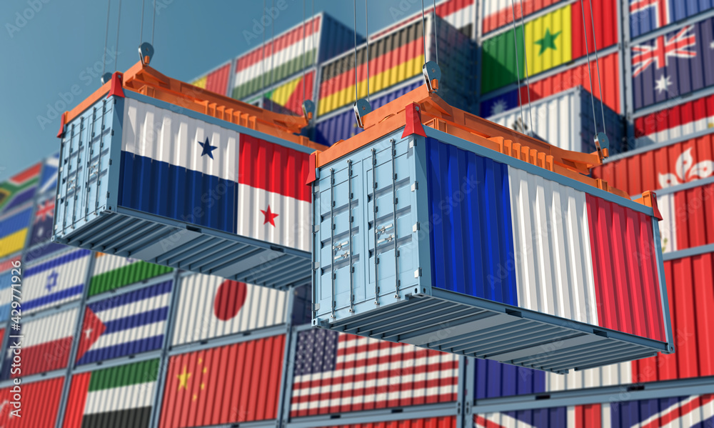 Freight containers with Panama and France national flags. 3D Rendering 