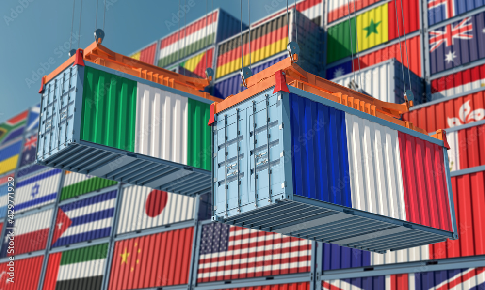 Freight containers with Nigeria and France national flags. 3D Rendering 