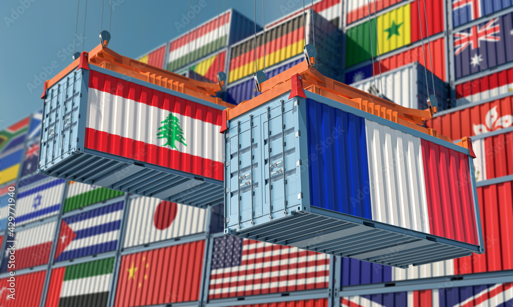 Freight containers with Lebanon and France national flags. 3D Rendering 