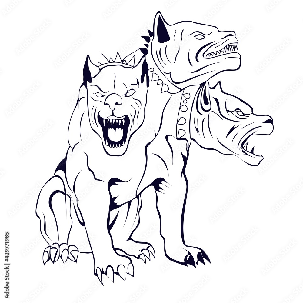 Cerberus illustration in black and white style