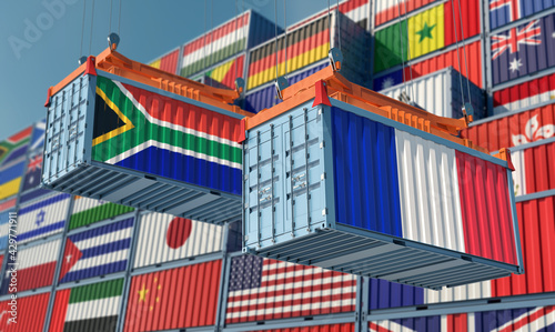 Freight containers with South Africa and France national flags. 3D Rendering 