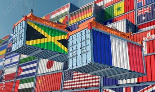 Freight containers with Jamaica and France national flags. 3D Rendering 
