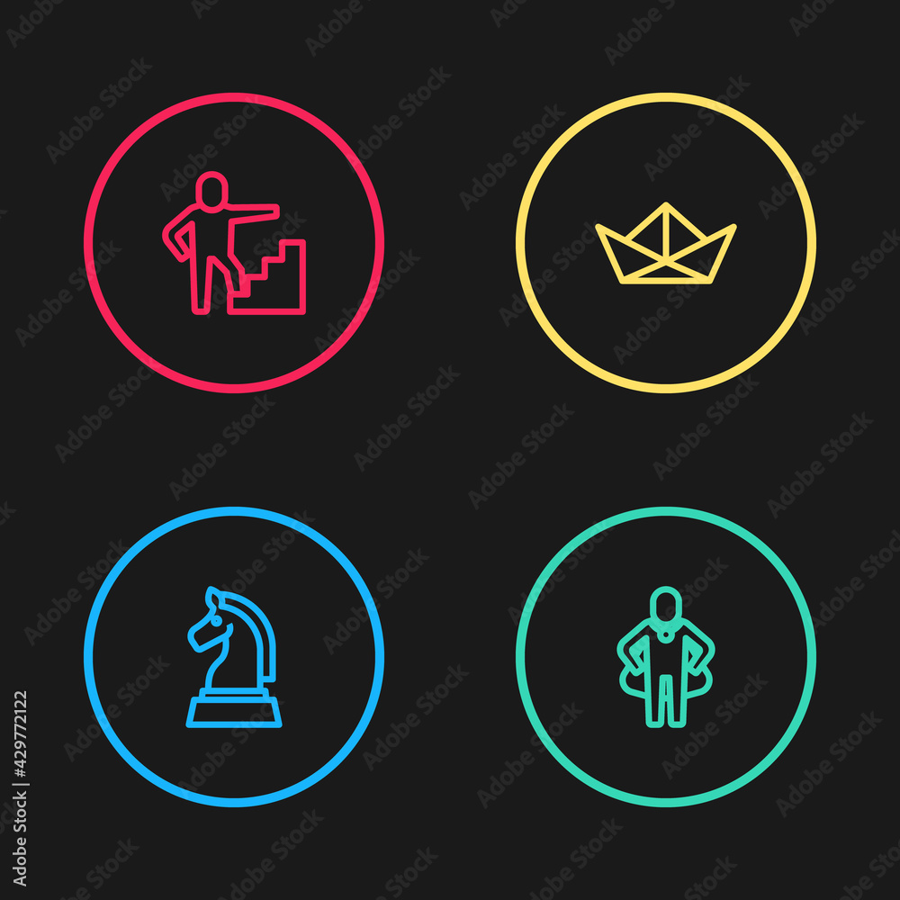 Set line Chess, Head hunting, Folded paper boat and Stair with finish flag icon. Vector