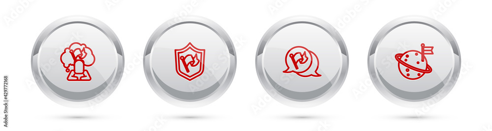 Fototapeta premium Set line Man holding flag, Shield with, Flag and Moon. Silver circle button. Vector