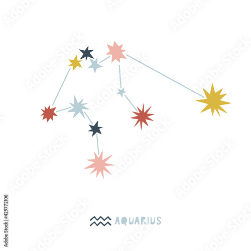 Aquarius zodiac star sign clip art isolated on white. Celestial horoscope constellation vector illustration. Magical Boho baby spiritual astrological design.