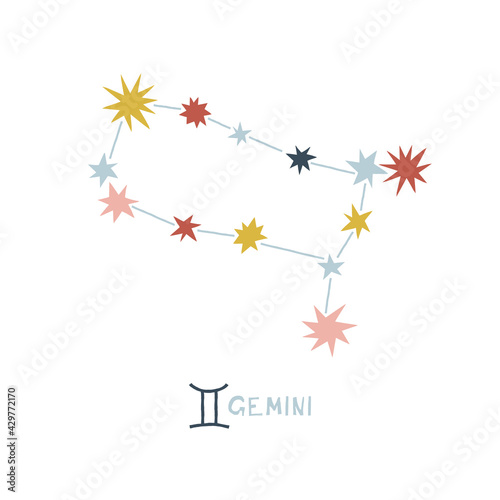 Gemini zodiac star sign clip art isolated on white. Celestial horoscope constellation vector illustration. Magical Boho baby spiritual astrological design.
