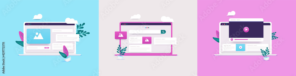 Vector computer UI collection - Illustration set of laptops with user interface and web graphics in 3d style. Computer screen with internet concept. Vector computer UI collection - Illustration set of laptops with user interface and web graphics in 3d style. Computer screen with internet concept.