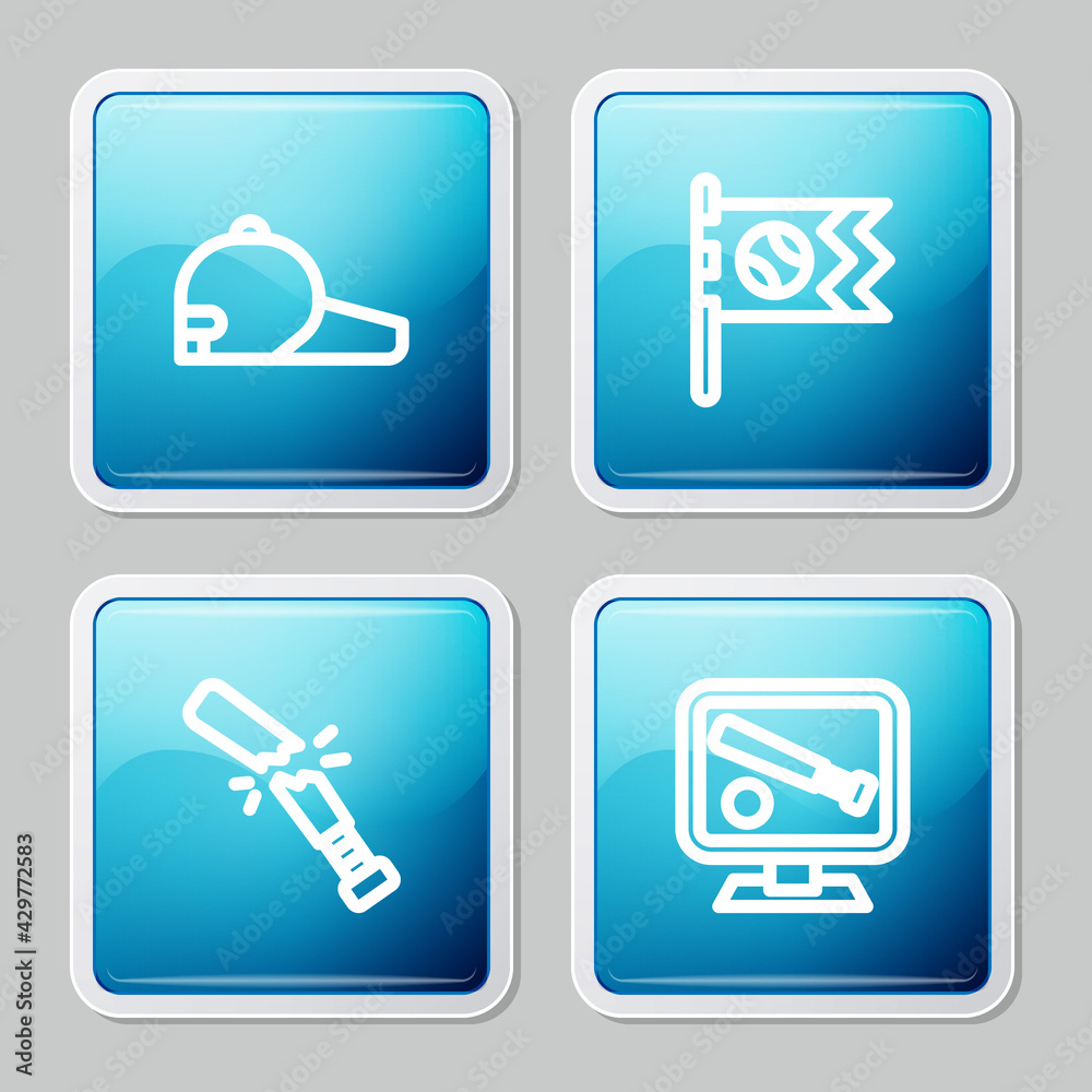 Set line Baseball cap, Flag with baseball, Broken bat and Monitor game icon. Vector Set line Baseball cap, Flag with baseball, Broken bat and Monitor game icon. Vector