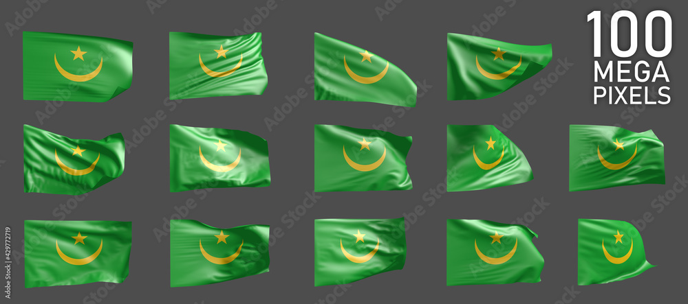 Obraz premium Mauritania flag isolated - different images of the waving flag on grey background - object 3D illustration