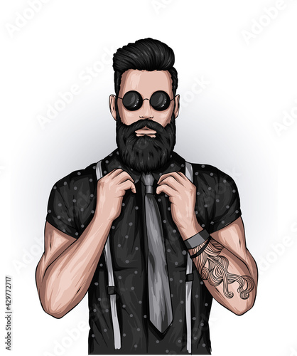 Handsome muscular guy with stylish hair, beard and tattoos. Hipster. Fashion and style, clothing and accessories.