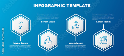 Set line Arabian saber, Muslim man, woman in hijab and Traditional carpet. Business infographic template. Vector