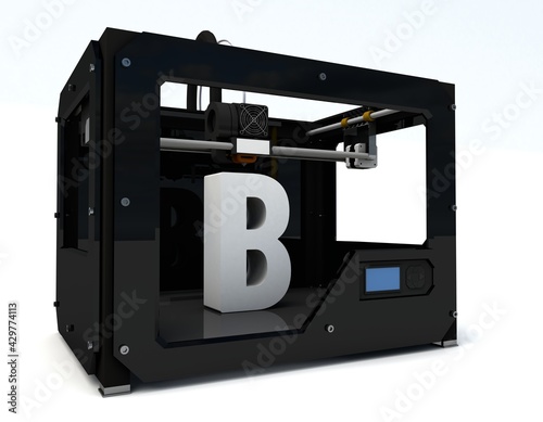 3d illustration of 3D printer priting the letter B photo