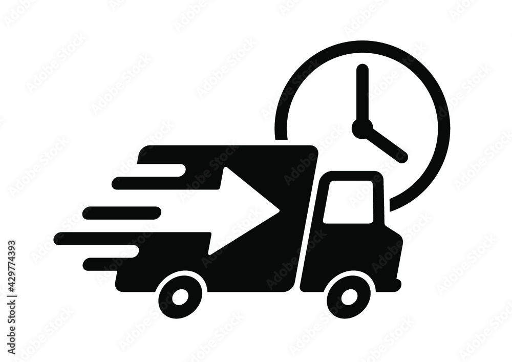 Shipping fast delivery arrow truck with clock icon symbol, Pictogram flat design for apps and websites, Isolated on white background, Vector illustration