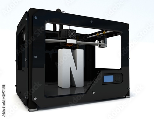 3d illustration of 3D printer priting the letter N