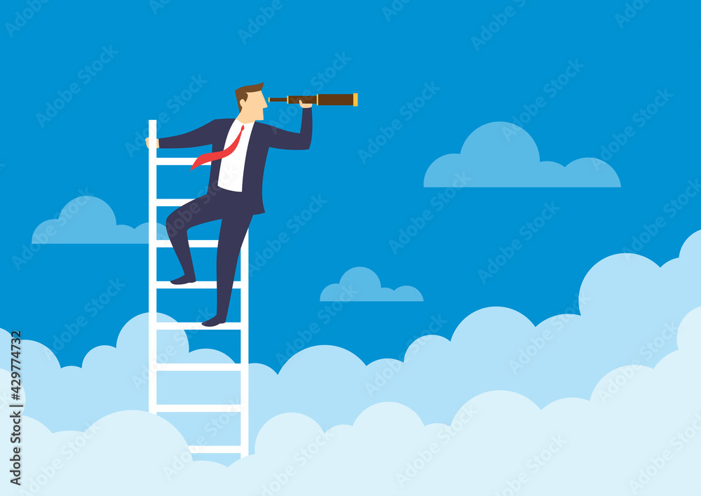 Businessman holding a telescope standing on the top of the stairs looking of success, Searching new business goals, Finding ambition and motivation concept, Flat design vector illustration