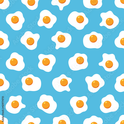 Fried eggs seamless pattern wallpaper on blue background, Simple flat design, Vector illustration