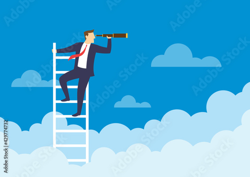 Businessman holding a telescope standing on the top of the stairs looking of success, Searching new business goals, Finding ambition and motivation concept, Flat design vector illustration