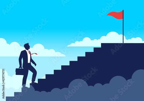 Silhouette businessman walking up stairway to the highest, Climb up staircases to the top of success, Business journey concept growth and the path to successful, Flat design vector illustration
