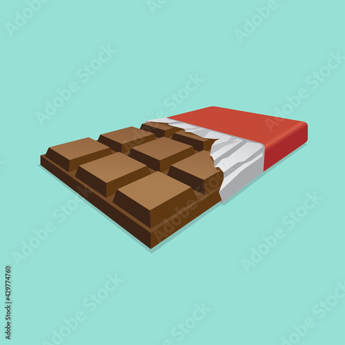 Chocolate bar in opened red wrapped and foil icon, Dessert symbol, Minimal flat design, Vector illustration