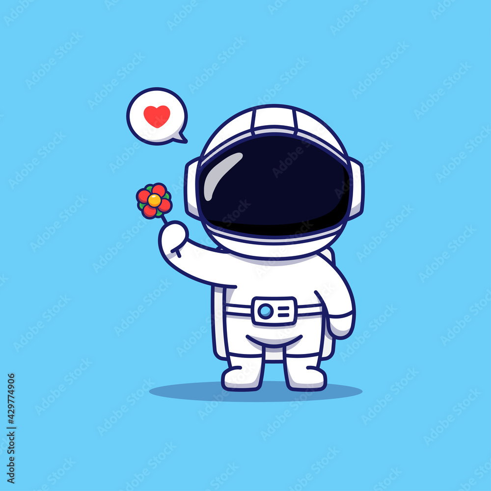 Cute happy astronaut carrying red flower