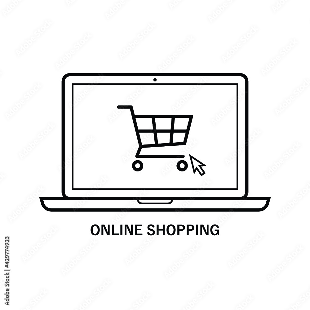 Computer laptop with shopping trolley on screen, Notebook with shopping cart on display, Icon symbol E-Commerce business marketing concept, Pictogram outline flat design vector illustration Computer laptop with shopping trolley on screen, Notebook with shopping cart on display, Icon symbol E-Commerce business marketing concept, Pictogram outline flat design vector illustration