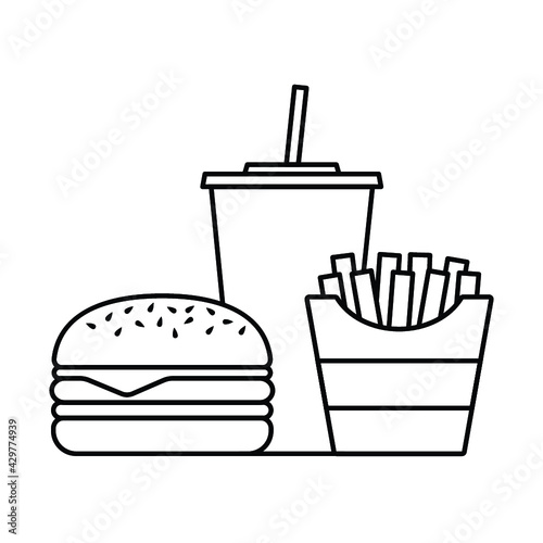 Hamburger soda takeaway and french fries, Fast food icon sign, Outline flat design on white background, Vector illustration