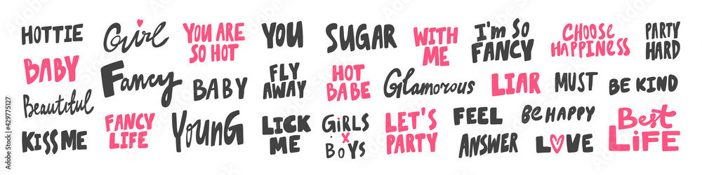 Vector hand drawn collection set of calligraphy lettering quotes and words. Pink and black color