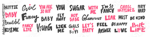 Vector hand drawn collection set of calligraphy lettering quotes and words. Pink and black color