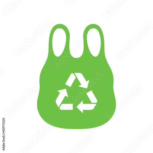 Plastic bag with triangle rotation arrow recycle sign, Green recycling plastic bag icon, Reusable ecological preservation concept, Isolated on white background, Vector illustration