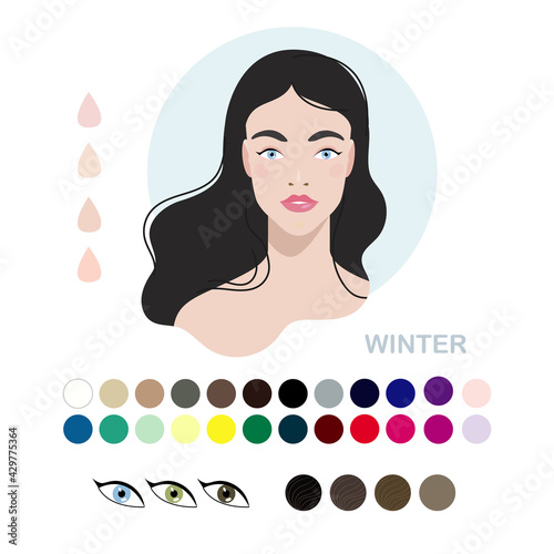 Woman appearance color type winter. Woman portrait with color type or types of skin color. Fashion guide chart with analysis of skin tone color type, hairs, eyes, makeup palette and clothes. Vector