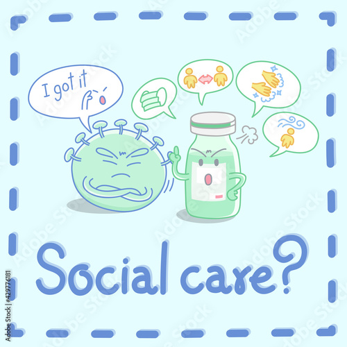 Design elements vector of vaccine and coronavirus cartoon characters in cute actions, How to survive in COVID-19 crisis, Fight the flu, COVID-19 social care parody.