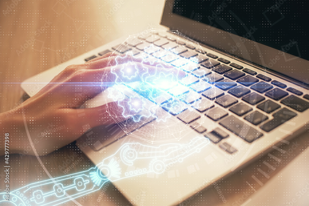 Double exposure of woman hands working on computer and data theme hologram drawing. Tech concept. Double exposure of woman hands working on computer and data theme hologram drawing. Tech concept.
