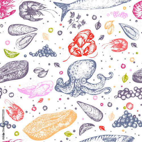 Seafood collection: hand-drawn vintage illustration with raw sea food and cooking elements, vector illustration