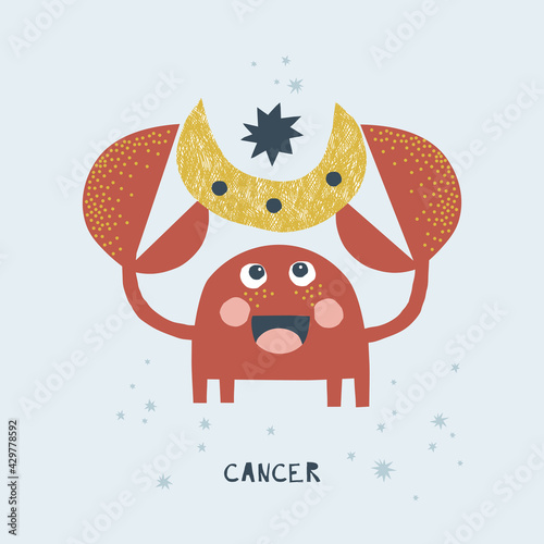 Cancer zodiac character nursery poster. Cartoon horoscope vector illustration. Magical Boho baby spiritual astrological design. Scandinavian decorative childish print.