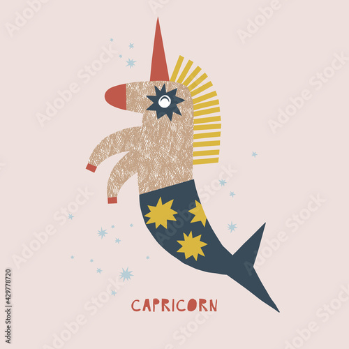 Capricorn zodiac character nursery poster. Cartoon horoscope vector illustration. Magical Boho baby spiritual astrological design. Scandinavian decorative childish print.
