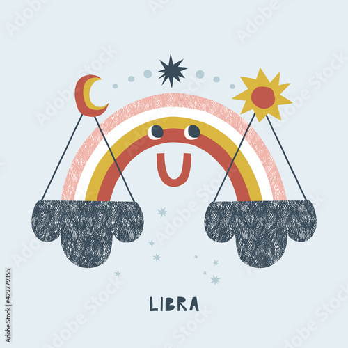 Libra zodiac character nursery poster. Cartoon rainbow horoscope vector illustration. Magical Boho baby spiritual astrological design. Scandinavian decorative childish print.