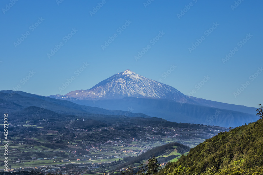 Beautiful view of the fertile valley of La Laguna and Mount Teide. Anaga Rural Park in Northern Tenerife, Canary Islands, Spain.