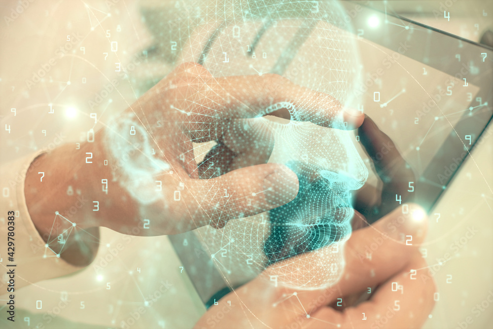 Double exposure of man's hand holding and using a digital device and brain hologram drawing. Data concept. Double exposure of man's hand holding and using a digital device and brain hologram drawing. Data concept.
